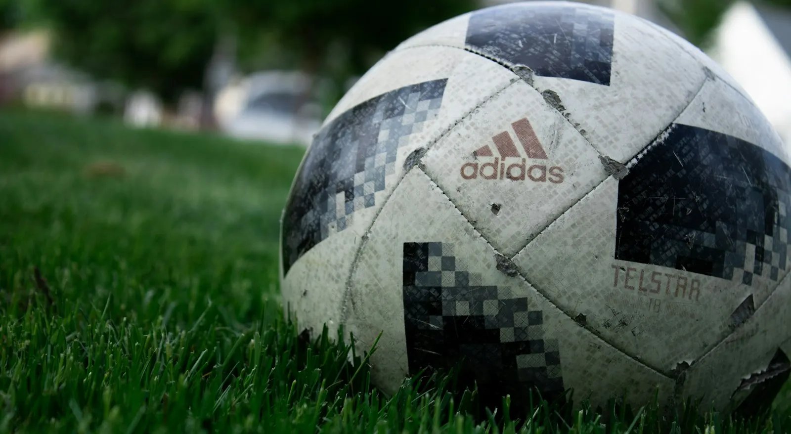 Close-up of a well-used match football resting on green grass