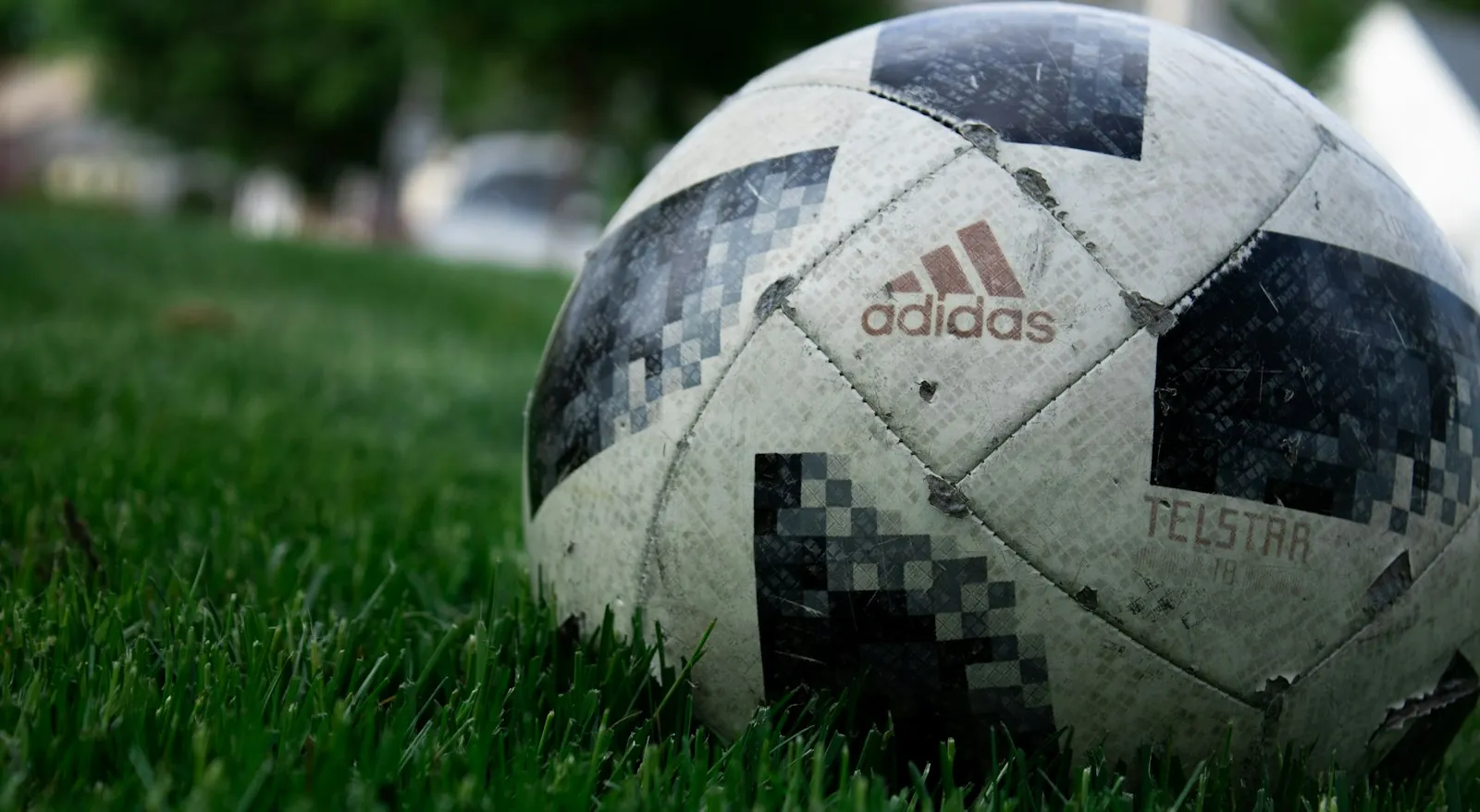 Close-up of a well-used match football resting on green grass
