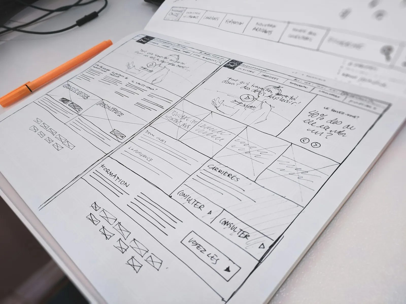 A hand-drawn website wireframe sketched on paper with an orange pen, the start of a clear product brief
