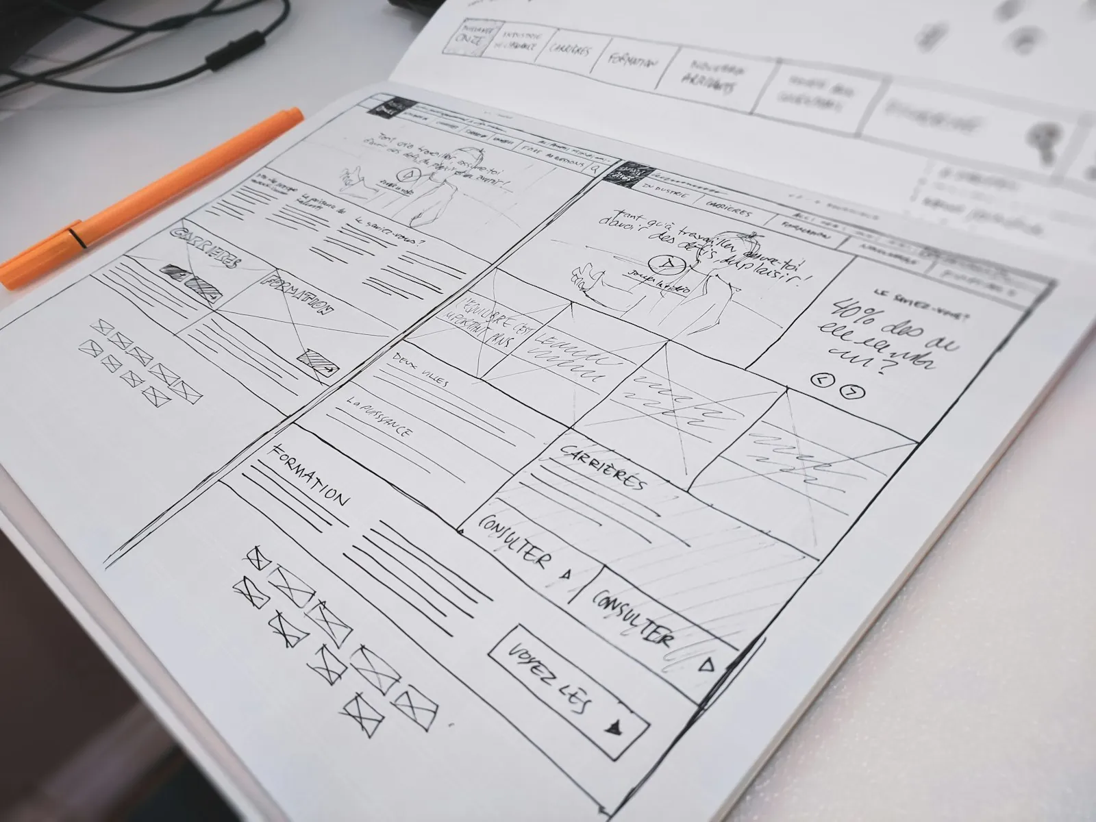 A hand-drawn website wireframe sketched on paper with an orange pen, the start of a clear product brief