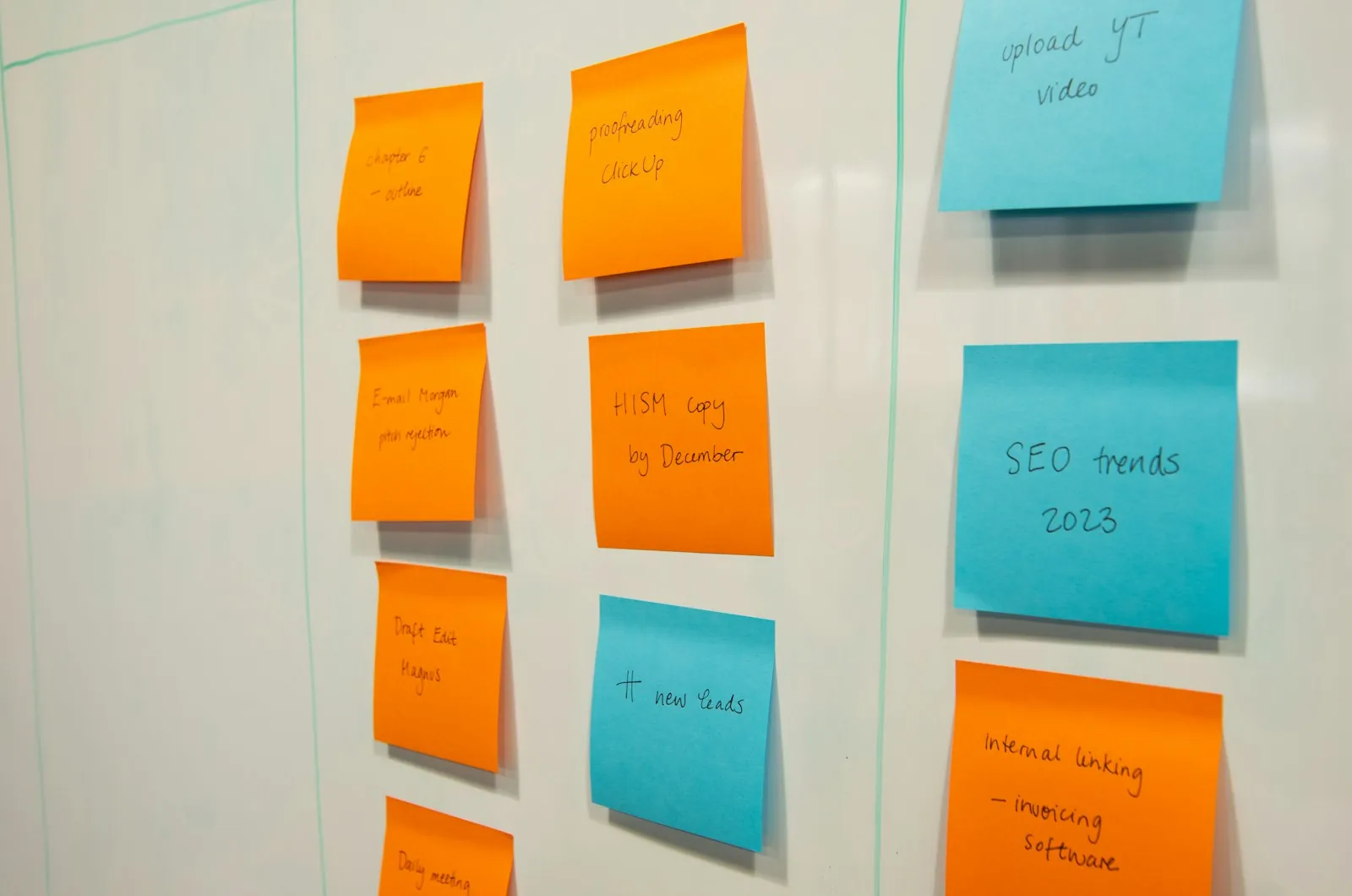 A whiteboard covered in orange and blue sticky notes arranged as a simple kanban task board